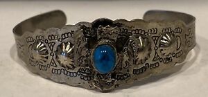 OLD PAWN NAVAJO INDIAN FAUX STERLING SILVER TURQUOISE CUFF BRACELET VINTAGE