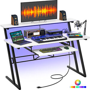 Homieasy Music Studio Desk Workstation Desk with Power Outlets and LED Lights