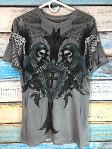 Affliction Los Angeles RARE T Shirt Mens Large Gray Reapers Cross Wings