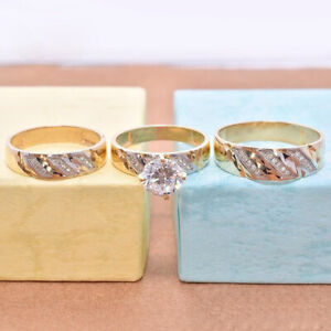14k Yellow Gold Plated His/ Her Wedding Trio Ring Lab Created Diamond Bridal Set