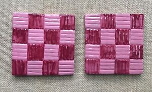 New ListingWhimsical Art Pottery Textured Pink Red Checkered Terracotta Tile Trivet Set
