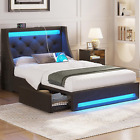 Rolanstar Twin Bed Frame with 4 Storage Drawers, Charging Station and LED Lights