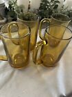 Set of 4 Amber Glass Beer Mugs Cups Glasses w Applied Handled