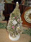 ANTIQUE  Novelty Flocked Bottle Brush Christmas Tree with Ornaments CHALK BASE