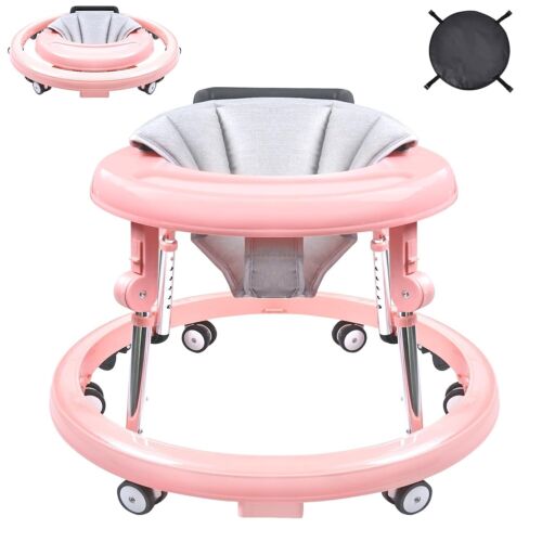 Foldable Baby Walker, Height Adjustable Infant Toddler Walker w Wheels Foot pad