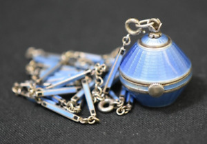 Art Deco Sterling Silver & Guilloche Enamel Swiss Ball Watch Pendant Necklace
