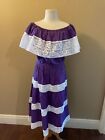 Purple Mexican Peasant Off Shoulder Dress Traditional Floral Crochet Size Lrg