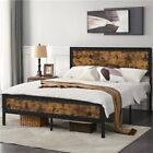 Rustic Metal Platform Bed with Wooden Headboard and Footboard, Brown, Full/Queen