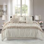 HIG 7 Piece Ruched Pleat Comforter Set White Romantic Bed in a Bag - King/Queen