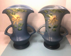New ListingVintage PAIR ROSEVILLE POTTERY Columbine 1941 Blue Vases #16-7 ART DECO 7” Tall