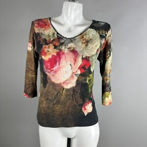 Vtg Y2k Yukiko Museum Floral Rhinestones Womens Blouse Shirt Size Medium