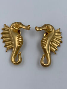 Vintage Haute 1980s BOB MACKIE Seahorse Clip On Earrings Gold Tone 1 7/8