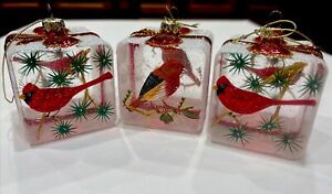 New ListingSet of 3 Hand Blown Glass Gift Present Boxes Cardinal Bird Christmas Ornaments