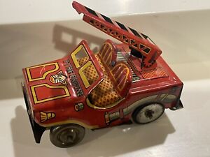 Vintage Tin Friction Fire Engine Jeep Japan Penny Toy