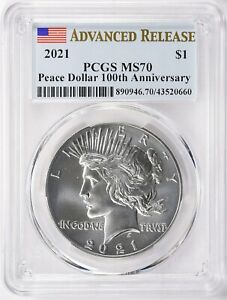 2021  PEACE SILVER DOLLAR PCGS MS70 ADVANCED RELEASE w/ FLAG LABEL