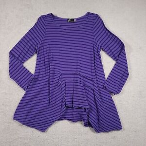 Fenini Shirt Lagenlook Women's Medium Purple Stripe Asymmetrical Hem USA Made