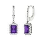 3.57ct Emerald Round Halo Classic Drop Dangle Amethyst Earrings 14k White Gold