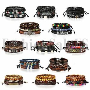 4pcs Leather Lots Bracelets for Men Women Wooden Beaded Bangle Braided Wristband