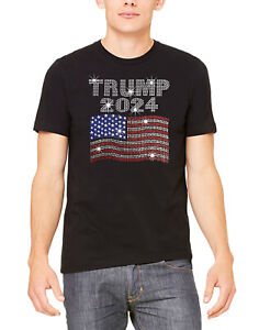 Men's Rhinestone Trump 2024 USA Flag Black T Shirt President America Great Vote