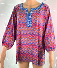 CD Daniels Top Blouse Women's Size 2X Pink Blue Studs Printed 3/4 Sleeve