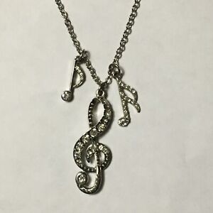 Charm Necklace Music Rhinestone Musical Note Silver Tone Instrument Chorus Band