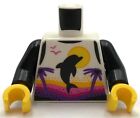 Lego New Minifig White Torso Female Wetsuit w/ Sun Black Dolphin Palm Trees Part