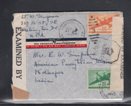 1943 Air Mail to India 70 Cents Rate British & USA Censor Labels Karachi Censor