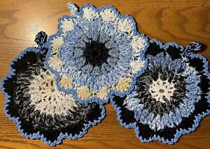 New ListingDischcloth Scrubbies BLACK 'n BLUE Crochet Set of 3 Extra Large XL Scrubby Rags