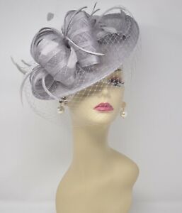 Sinamay Disc Fascinator Hat with Feathers and Netting Derby Church Party