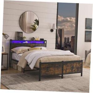 LED Bed Frame Queen Size, Storage 1_Queen size - Brown / LED Single Bunk Bed