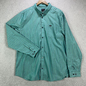 RVCA Shirt Mens 2XL Green Striped Slim Fit Button Up Long Sleeve Cotton Blend