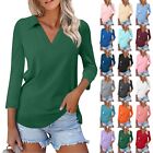 Womens Polo Summer Casual Solid Color Print V-Neck 3/4 Sleeve Shirt Tops Blouse