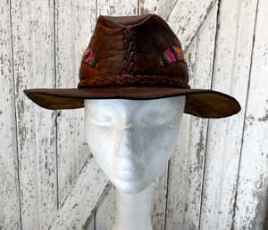 Vintage Distressed Brown Leather Brim Hat Hippie BOHO 70 Steam Punk Amazing