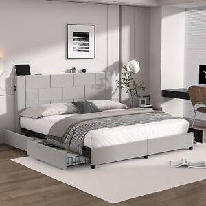 Queen King Size Bed Frame with 4 Storage Drawers and USB Ports Charging Station