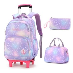 3pcs Rolling Backpack For Girls Dream Princess Wind Bookbag With Wheels Travel B