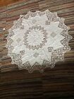 antique table cover round 46”d White Linen Brussels Lace Heart Net Lace Insets