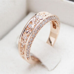 Romantic 14k Rose Gold Plated Rings Cubic Zircon Women Wedding Jewelry Sz 6-10