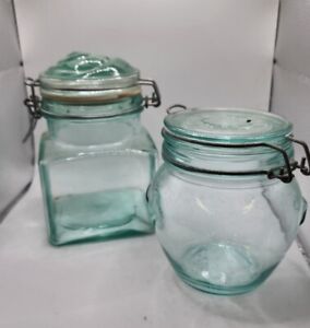 2 Unique Vintage Hermetic Green Tint  Glass Canisters. SQUARE & ROUND ITALY