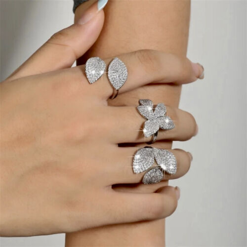 18k White Gold Plated Leaf Adjustable Ring made w Swarovski Crystal Stone Trendy