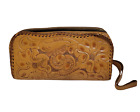 Vintage 1960s Hand Tooled Leather Western Wristlet Clutch Handbag Zip Closure