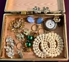 Contents of Jewelry Box Rings Pocket Watch Rhinestone Earrings JCC Pin Brooch