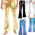US Men's Metallic Shiny Pants Disco Bell Bottom Flared Long Trousers Club-wear