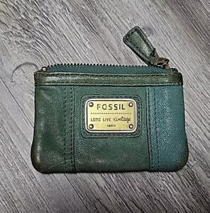 Fossil Long Live Vintage Distressed 1954 Coin Purse Wallet Green Leather