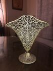 Fan Vase Ornate Victorian Filigree Style Solid Brass Metal With Painted Overlay