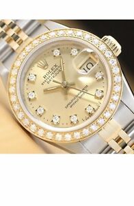LADIES ROLEX DATEJUST FACTORY DIAMOND DIAL 18K YELLOW GOLD STAINLESS STEEL WATCH