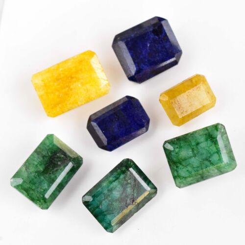 143.90 Ct Natural Emerald Ruby & Sapphire Certified Mix Loose Gemstone 7 Pcs Lot