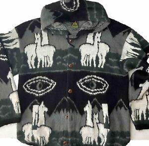 Vintage Ruminahui Sweater Hooded Jacket Wool Alpaca Aztec Eye Knit Men Sz XL