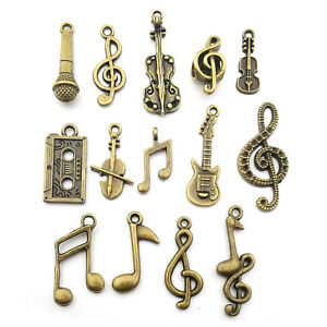 14PCS Mixed Bronze Music Instrument Charm Beads Pendant for Jewelry Making