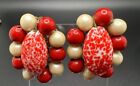MIRIAM HASKELL? Red Speckled Glass Beaded Vintage Flower Clip Earrings RARE!