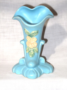 New ListingVintage Weller Pottery Vase Cornucopia Blue Footed 1940s Fully Mark Pink Dogwood